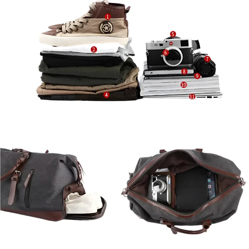 Men's Vintage Graphite Canvas and Brown Leather Weekender Travel Garment Duffle Bag
