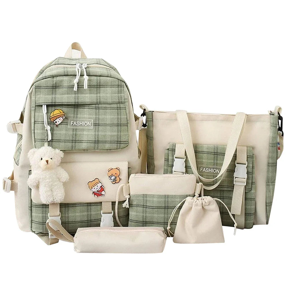 Mila | Women's 5-Piece Kawaii Plaid Travel Backpack Set