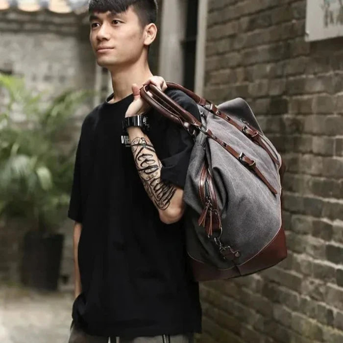 Men's Vintage Graphite Canvas and Brown Leather Weekender Travel Garment Duffle Bag