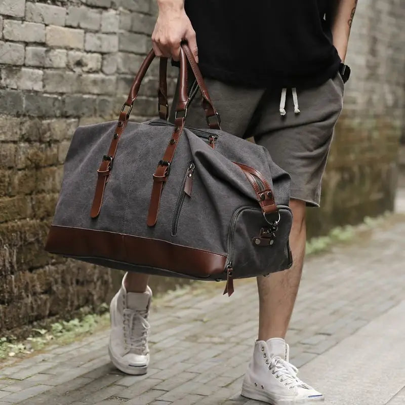 Men's Vintage Graphite Canvas and Brown Leather Weekender Travel Garment Duffle Bag