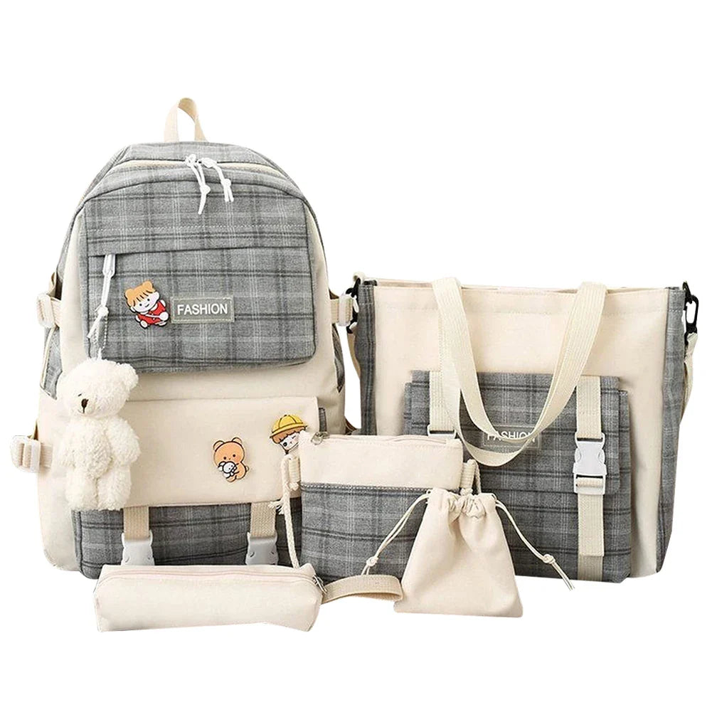 Mila | Women's 5-Piece Kawaii Plaid Travel Backpack Set