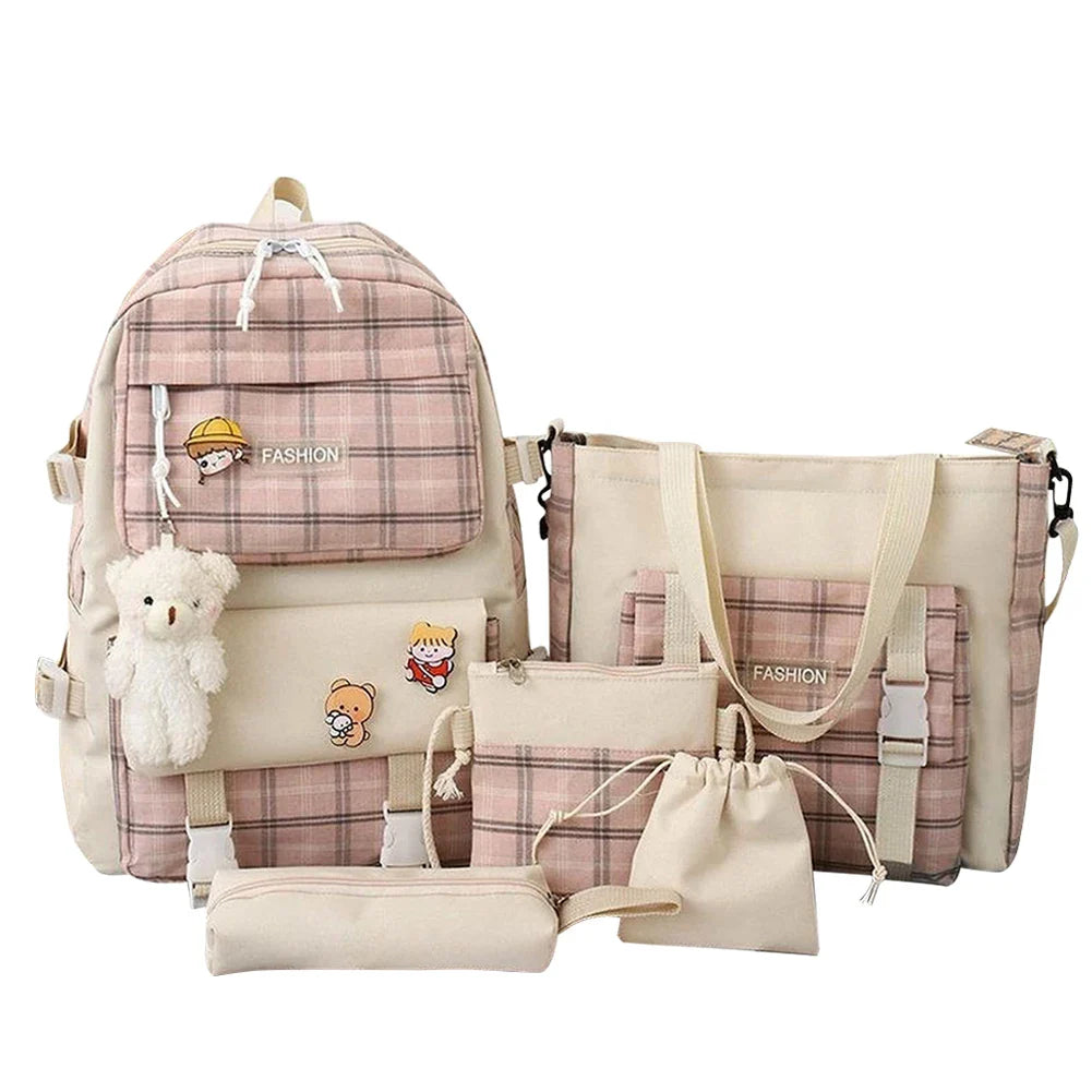 Mila | Women's 5-Piece Kawaii Plaid Travel Backpack Set