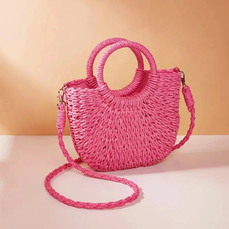 Women’s Straw Crossbody Handbag Half-Moon Style with Dual Handles