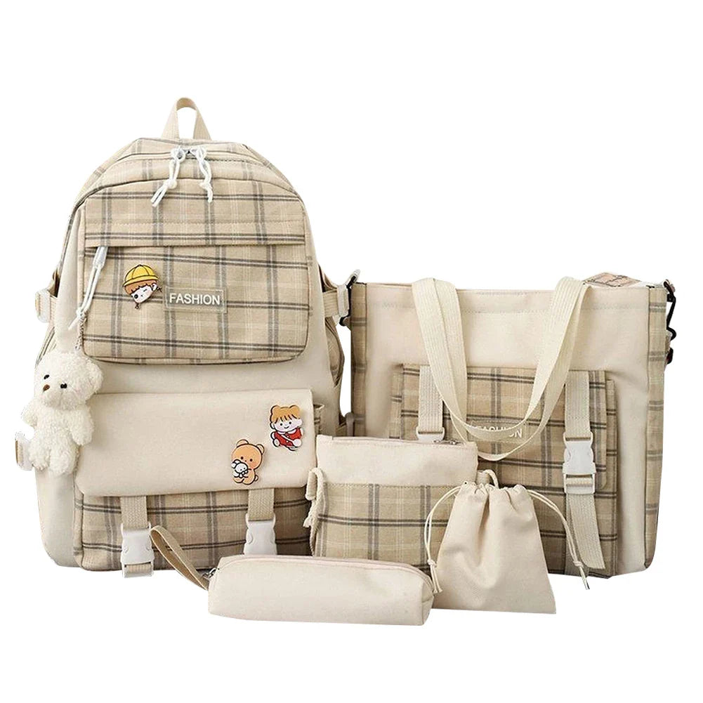 Mila | Women's 5-Piece Kawaii Plaid Travel Backpack Set