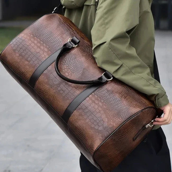 Aston | Large Crocodile-Embossed Leather Travel Garment Duffle Bag