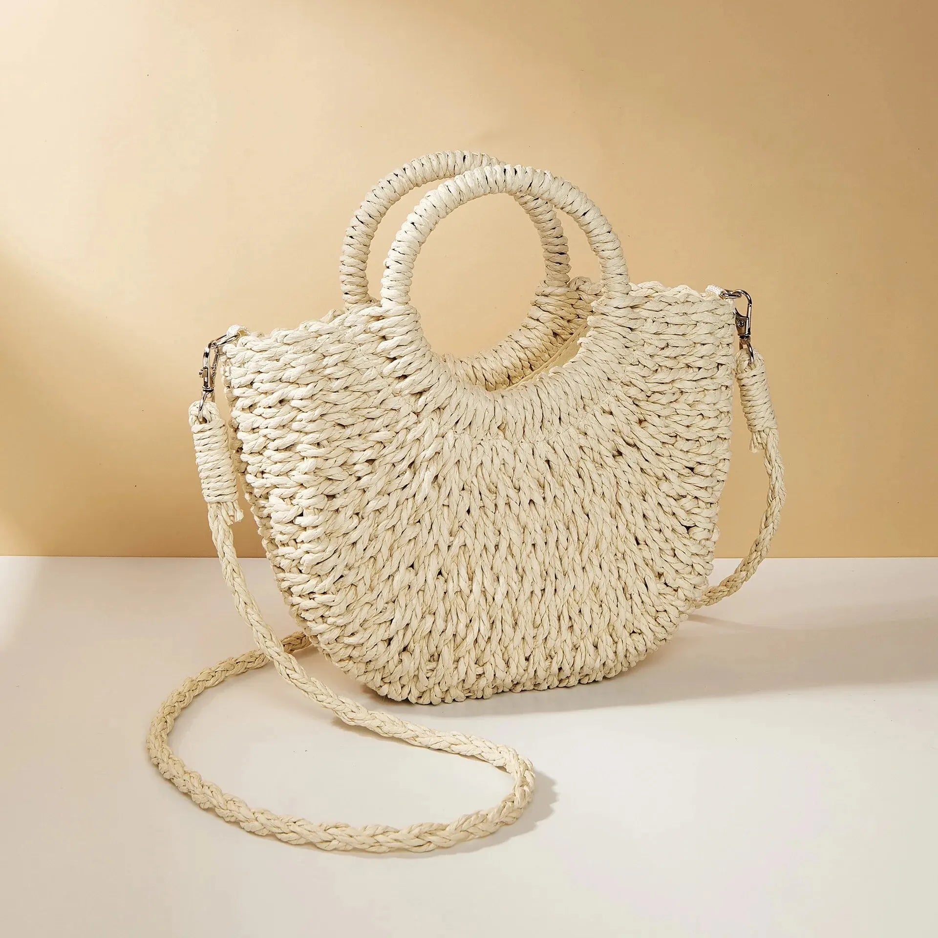 Women’s Straw Crossbody Handbag Half-Moon Style with Dual Handles