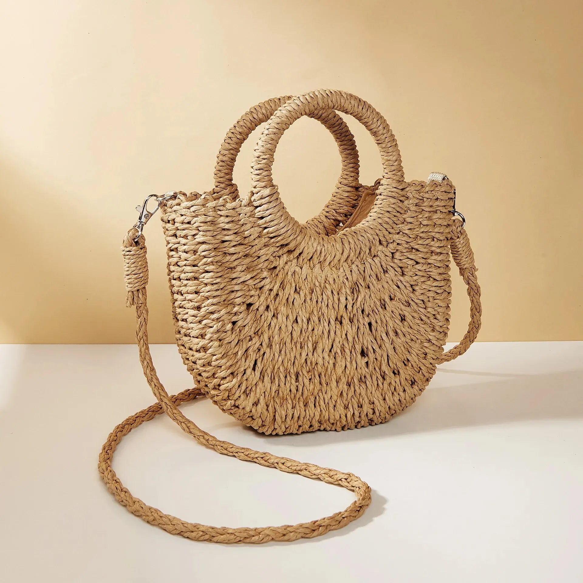 Women’s Straw Crossbody Handbag Half-Moon Style with Dual Handles