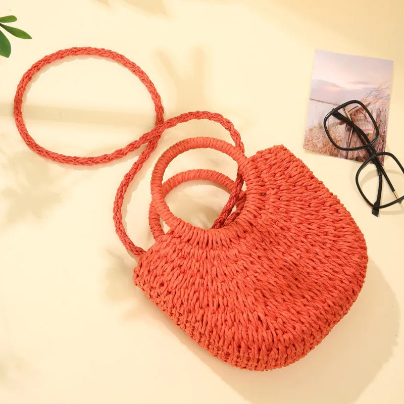 Women’s Straw Crossbody Handbag Half-Moon Style with Dual Handles
