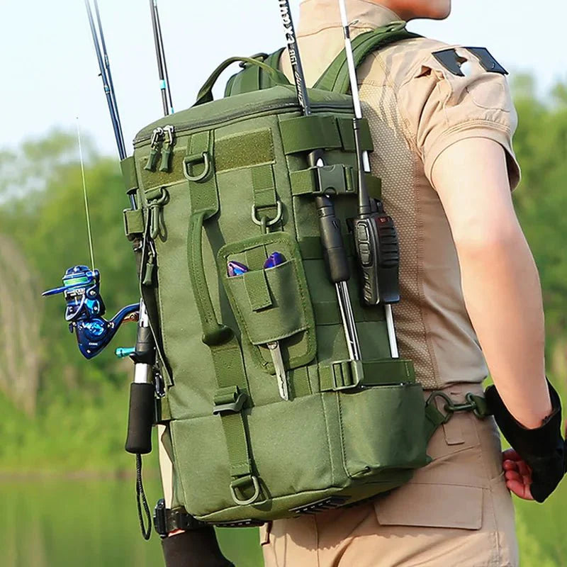 Fishing Gear Backpack Water-Resistant Multi-Pocket Bag with Rod Holders