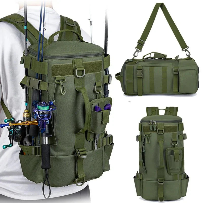 Fishing Gear Backpack Water-Resistant Multi-Pocket Bag with Rod Holders