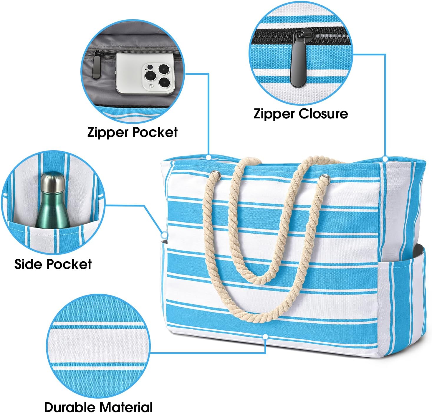 Oversized Waterproof Sandproof Beach Tote Bag With Secure Zipper Top