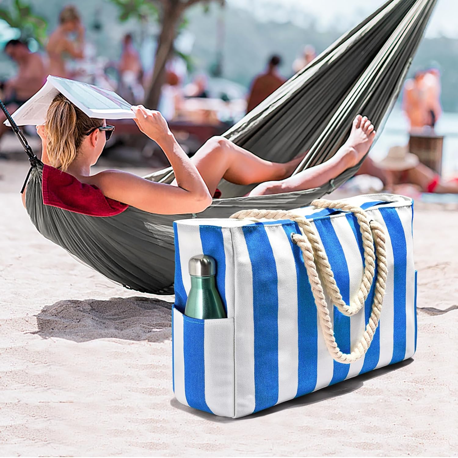 Oversized Waterproof Sandproof Beach Tote Bag With Secure Zipper Top