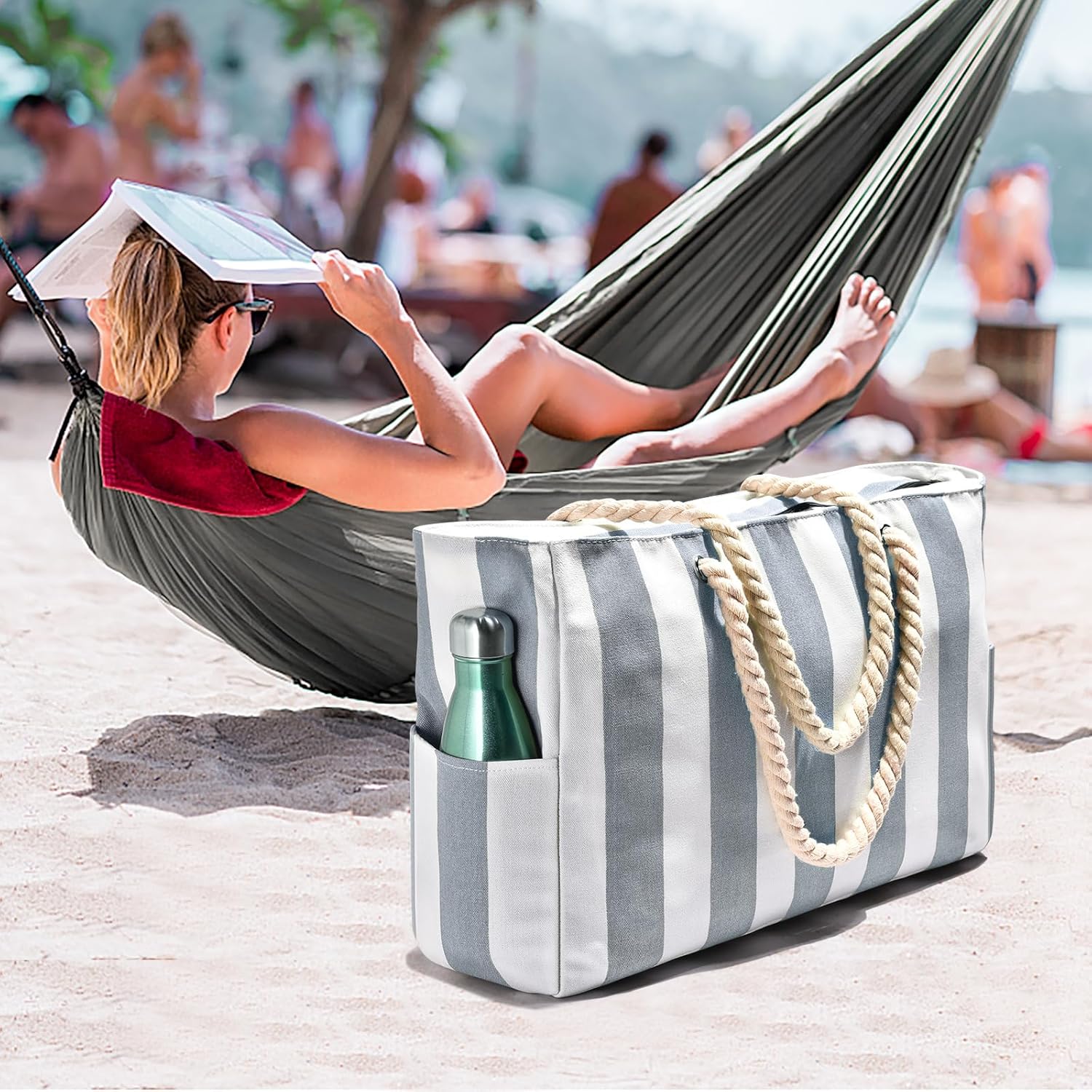 Oversized Waterproof Sandproof Beach Tote Bag With Secure Zipper Top