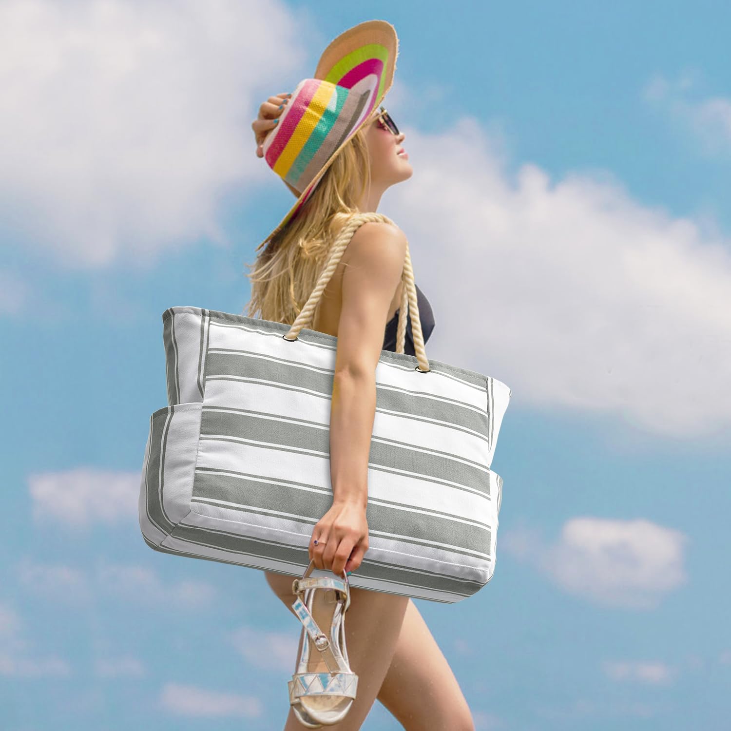 Oversized Waterproof Sandproof Beach Tote Bag With Secure Zipper Top