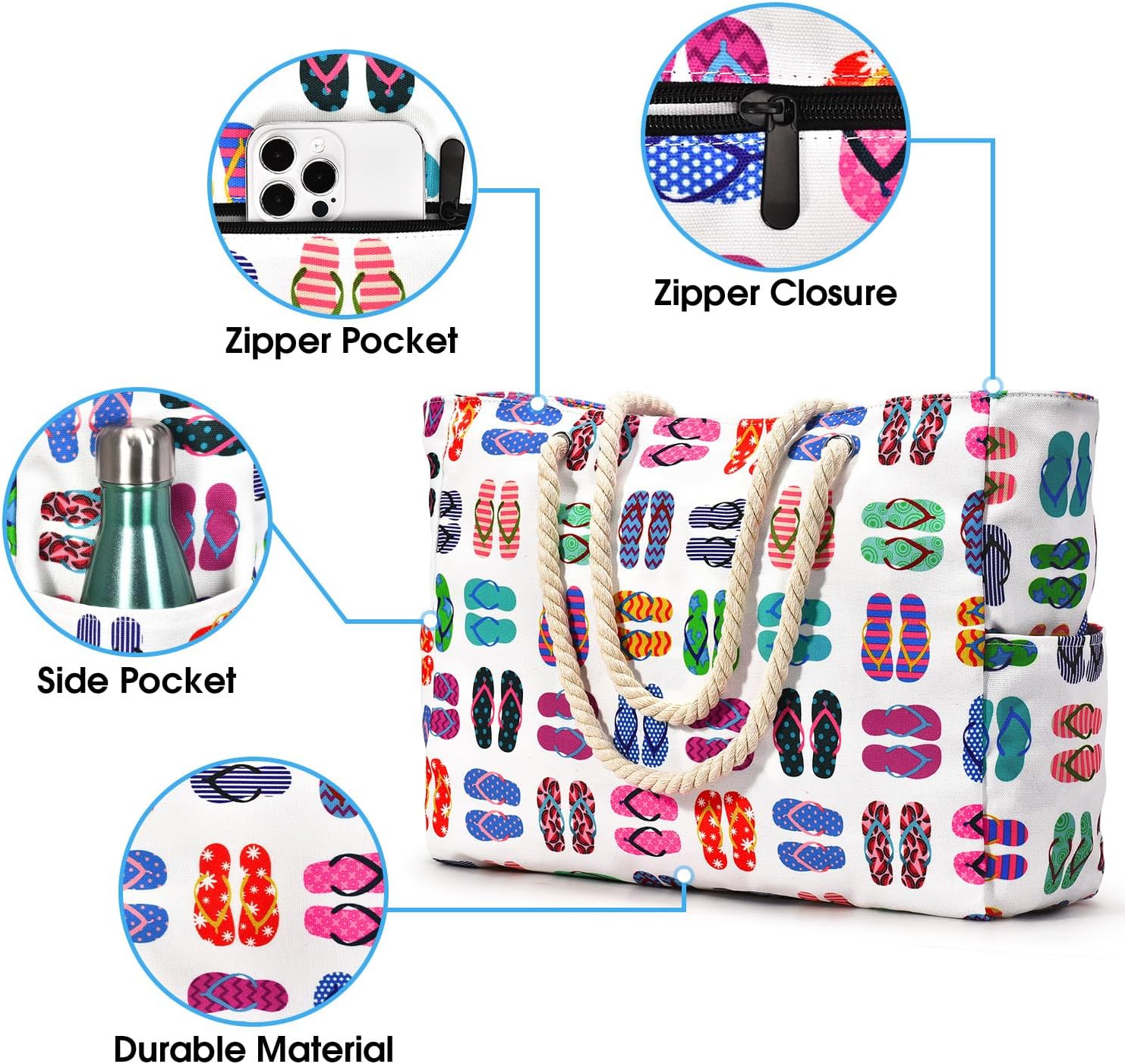 Oversized Waterproof Sandproof Beach Tote Bag With Secure Zipper Top