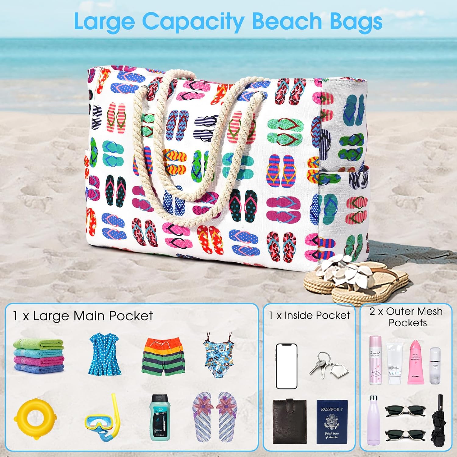 Oversized Waterproof Sandproof Beach Tote Bag With Secure Zipper Top
