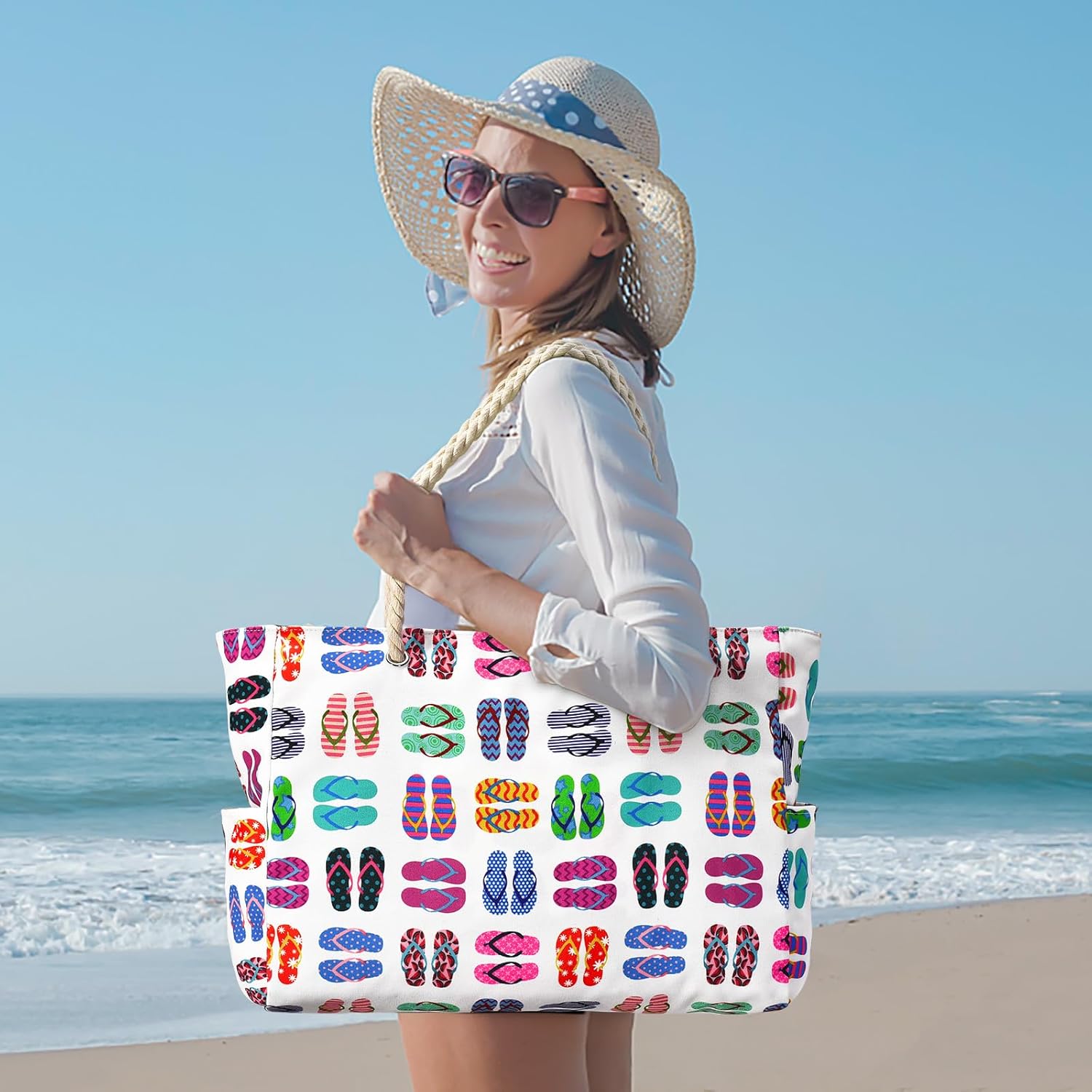 Oversized Waterproof Sandproof Beach Tote Bag With Secure Zipper Top