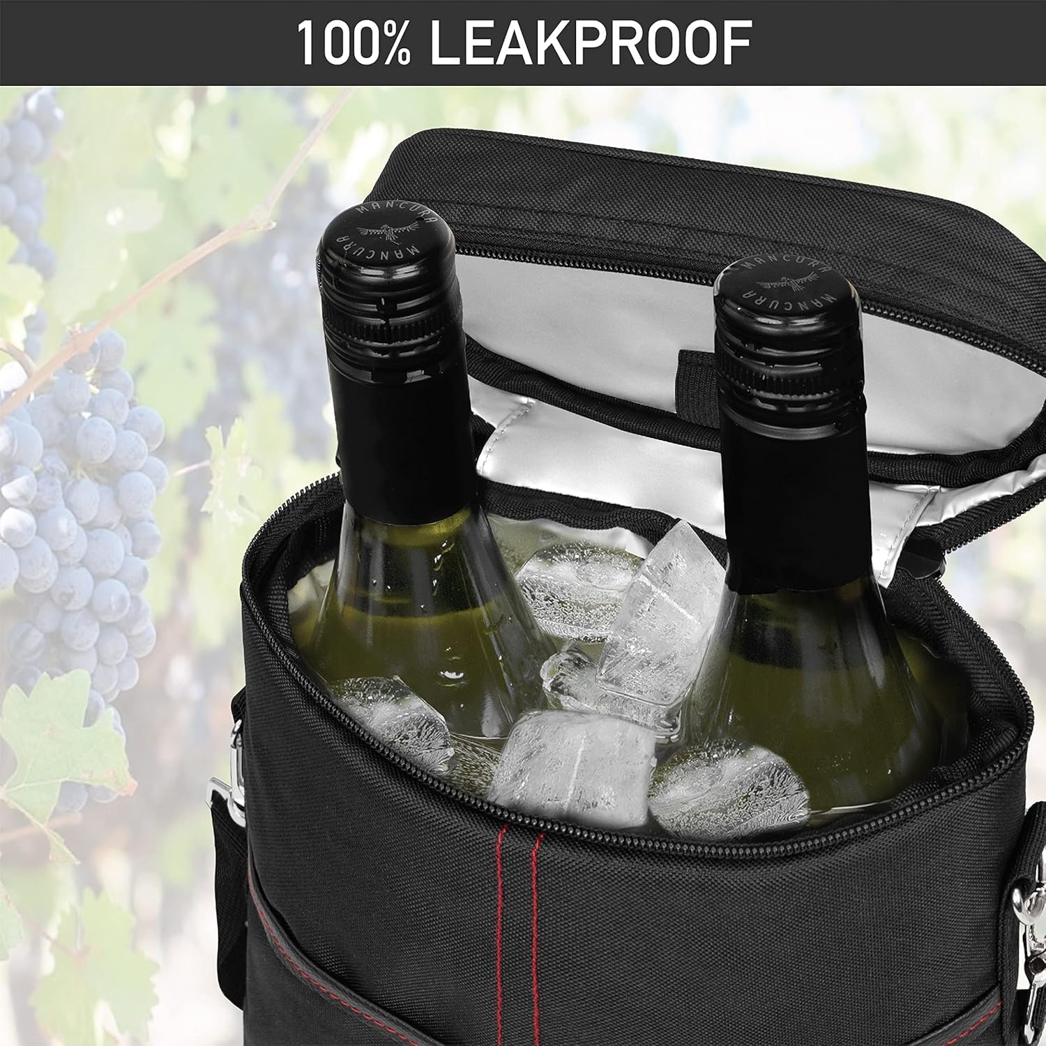 Insulated Wine Tote Bag For Two Bottles With Leakproof Divider And Strap
