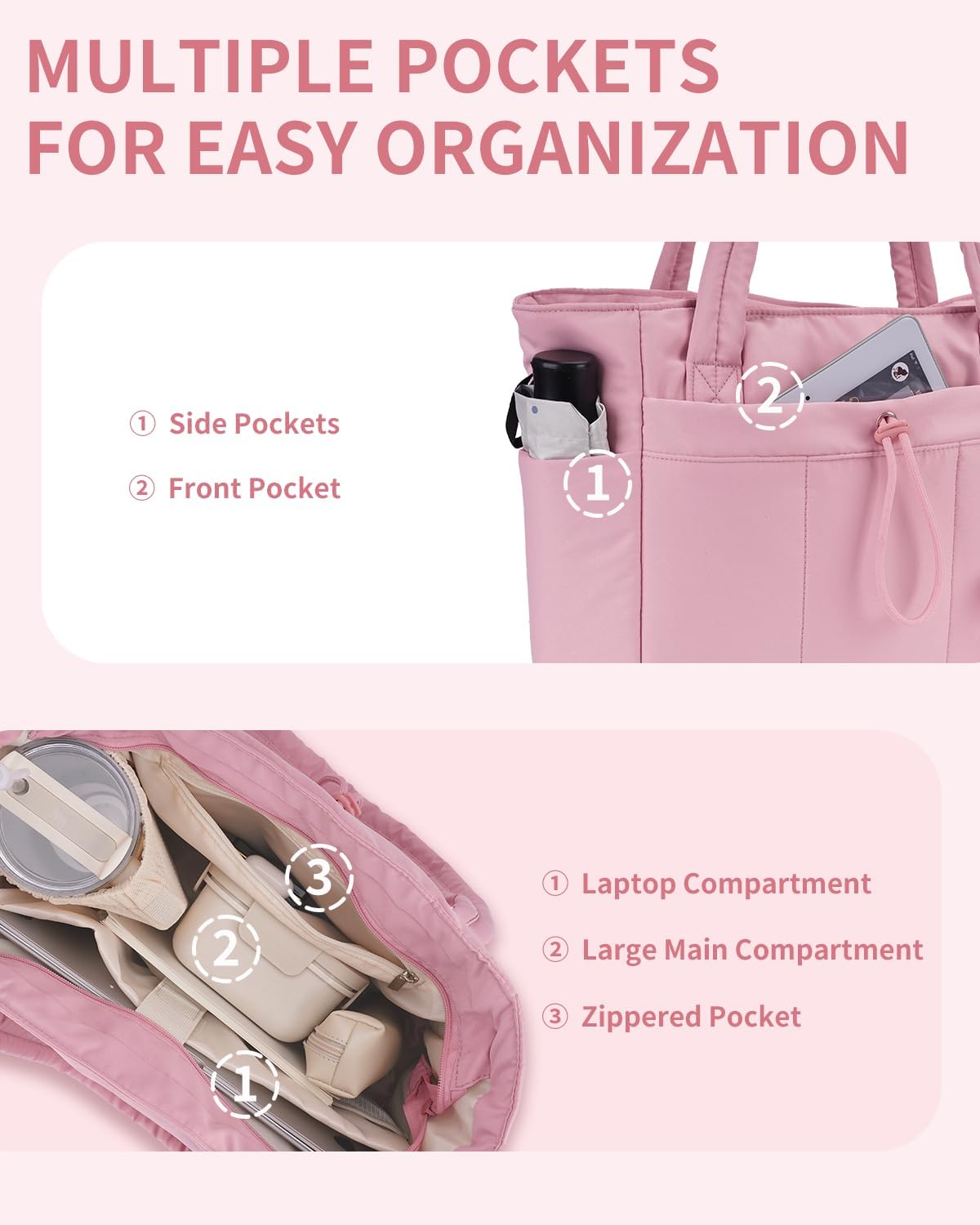 Quilted Work Travel Tote with Cup Holder and Padded Sleeve for Laptop