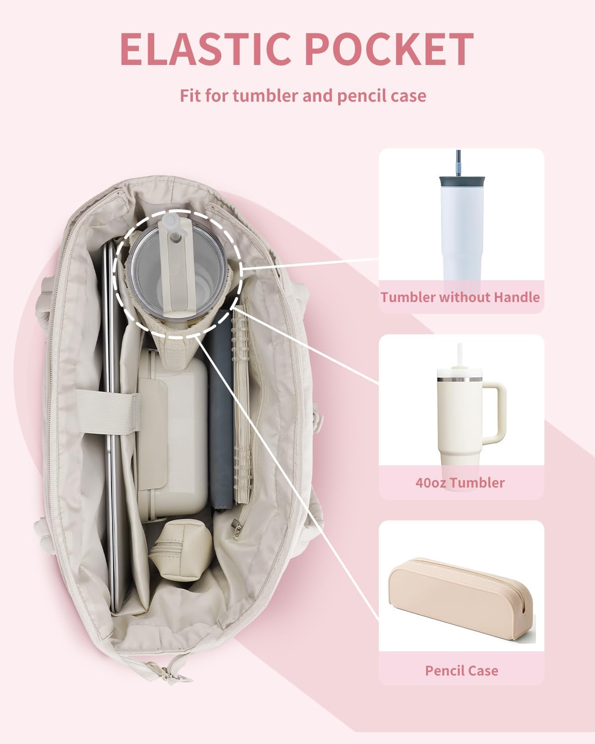 Quilted Work Travel Tote with Cup Holder and Padded Sleeve for Laptop