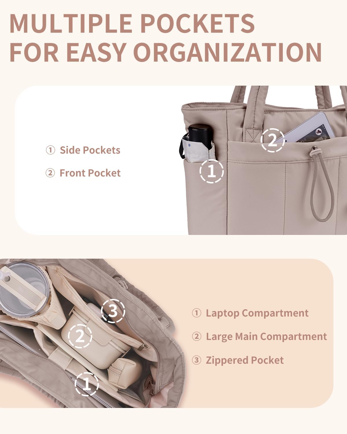 Quilted Work Travel Tote with Cup Holder and Padded Sleeve for Laptop