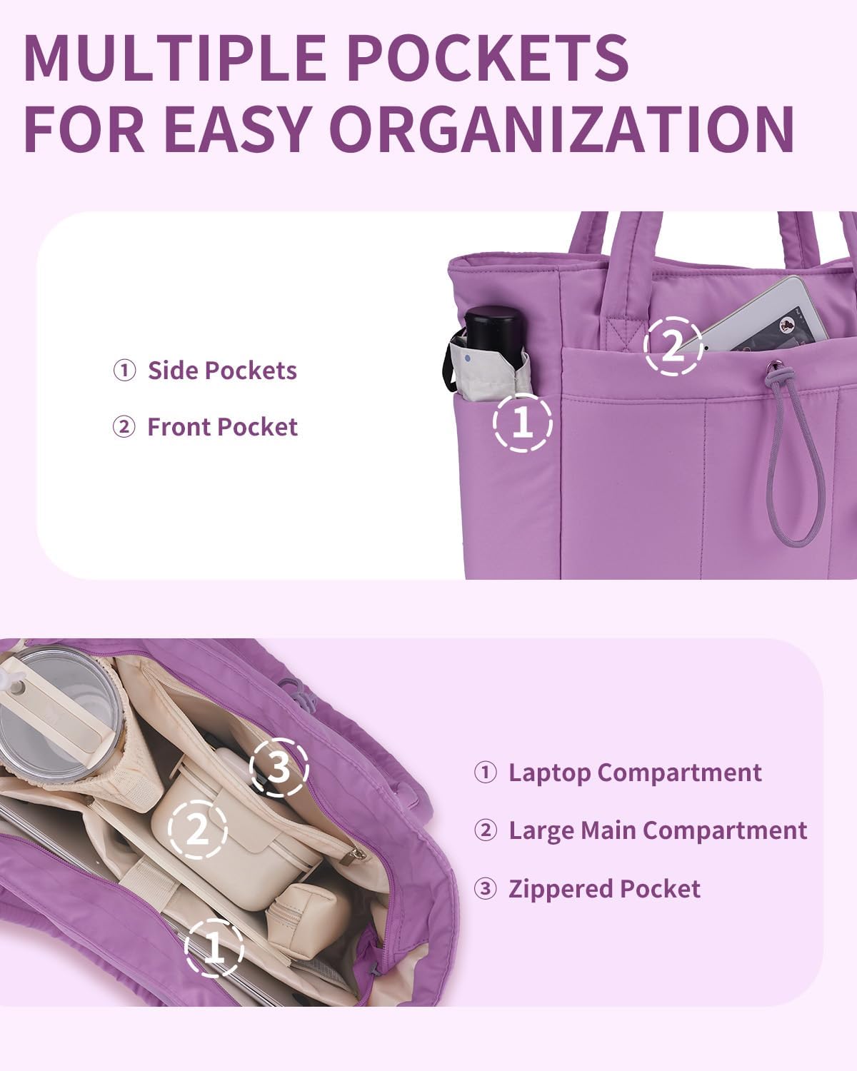 Quilted Work Travel Tote with Cup Holder and Padded Sleeve for Laptop